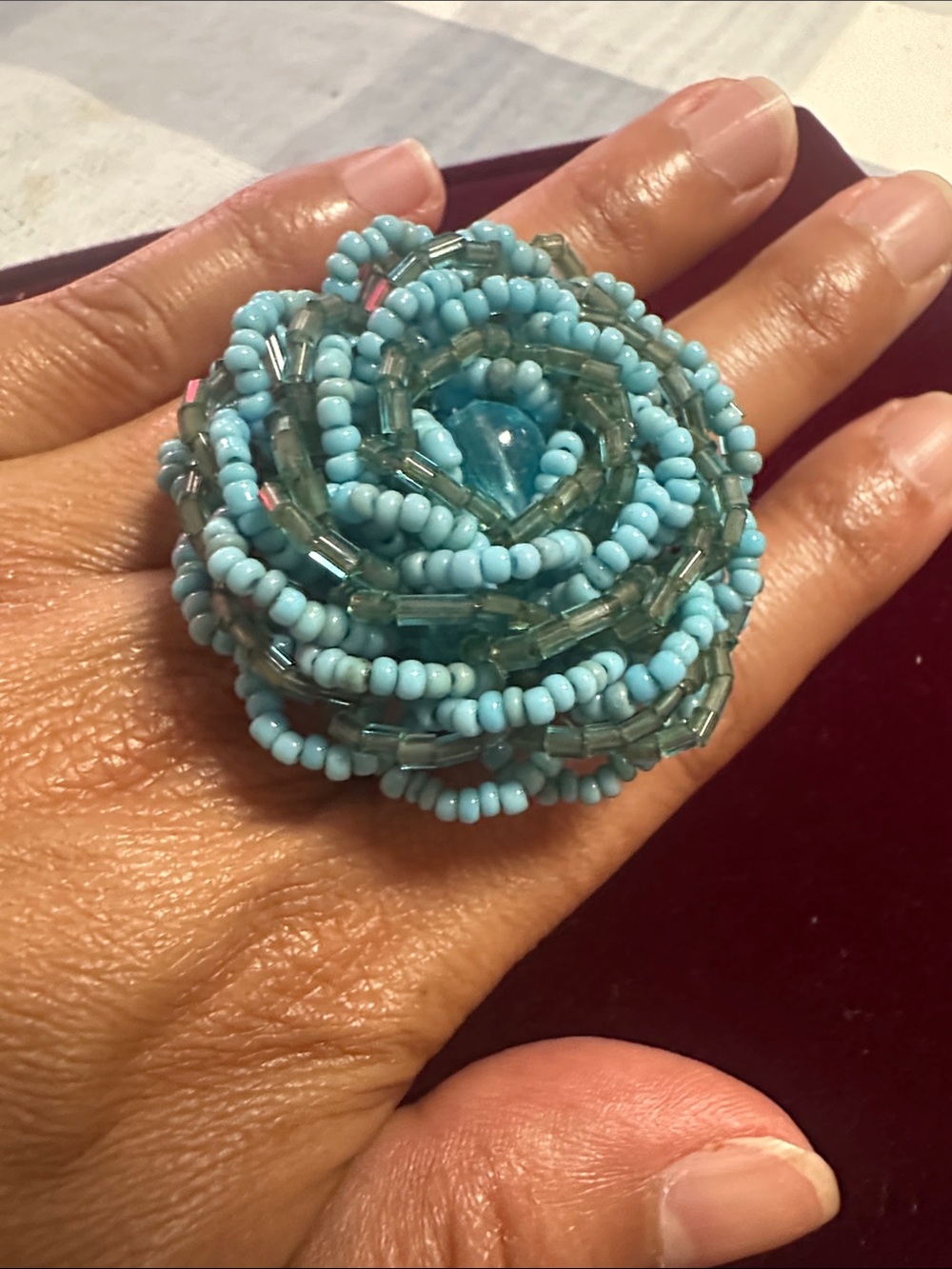 Handmade Turquoise Beaded Rose Cocktail Ring - Women Jewelry